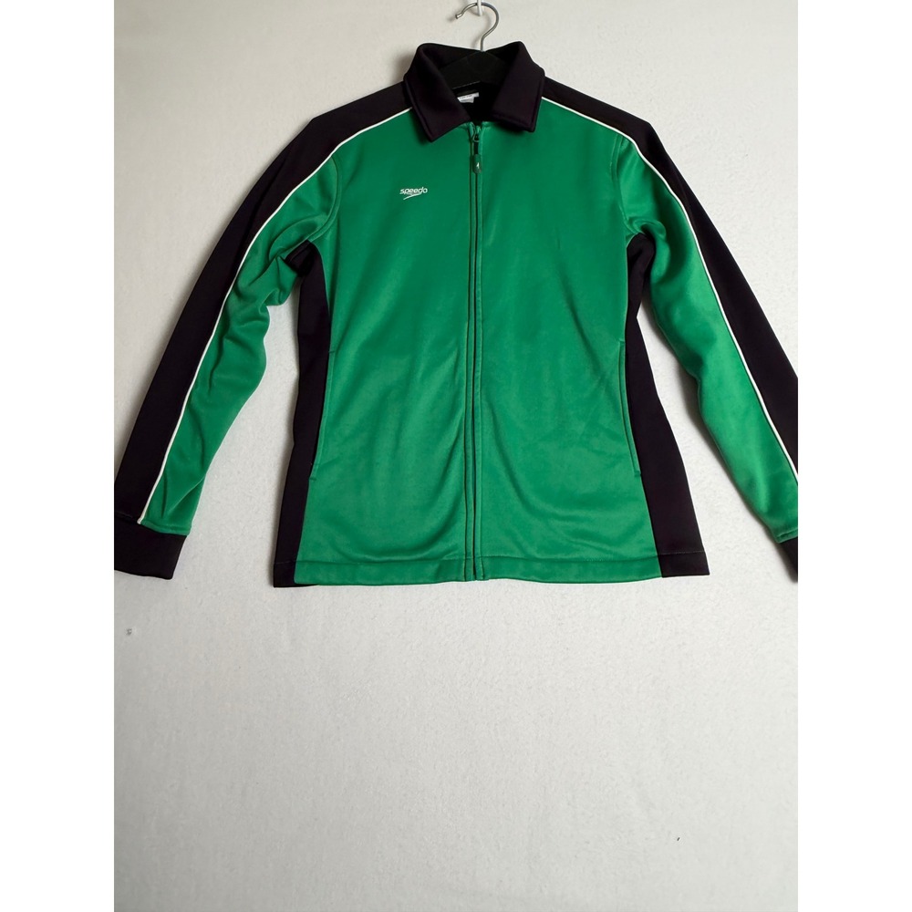 Speedo Womens XS Green Black Colorblock Full Zip Track Jacket Fleece Lined